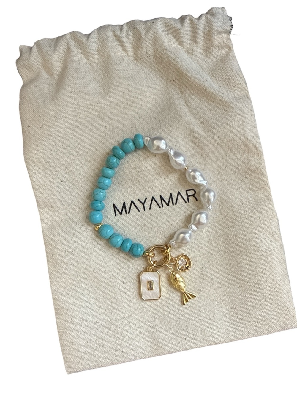 Gold-Accented Turquoise & Pearl Charm Bracelet